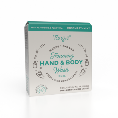 Tangie Rosemary Mint Hand & Body Wash Concentrate front of box with herbal scent. Refillable foaming soap concentrate that makes one gallon of natural liquid cleanser.