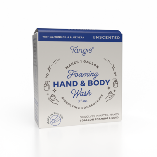 Tangie Unscented Hand & Body Wash Concentrate front of box. Fragrance-free liquid soap refill that dissolves into one gallon of gentle, non-toxic cleanser.