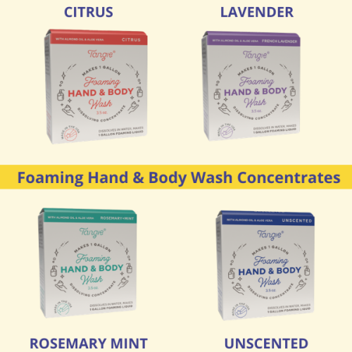 Tangie Hand & Body Wash Concentrate boxes front view – Citrus, Lavender, Rosemary Mint, and Unscented. Zero-waste foaming soap refill bars that dissolve into liquid soap.