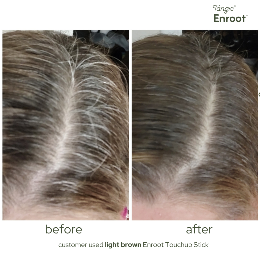 Before and after comparison of gray root coverage using Enroot Temporary Root Touchup Stick in Light Brown, applied on Nicolle’s hair.